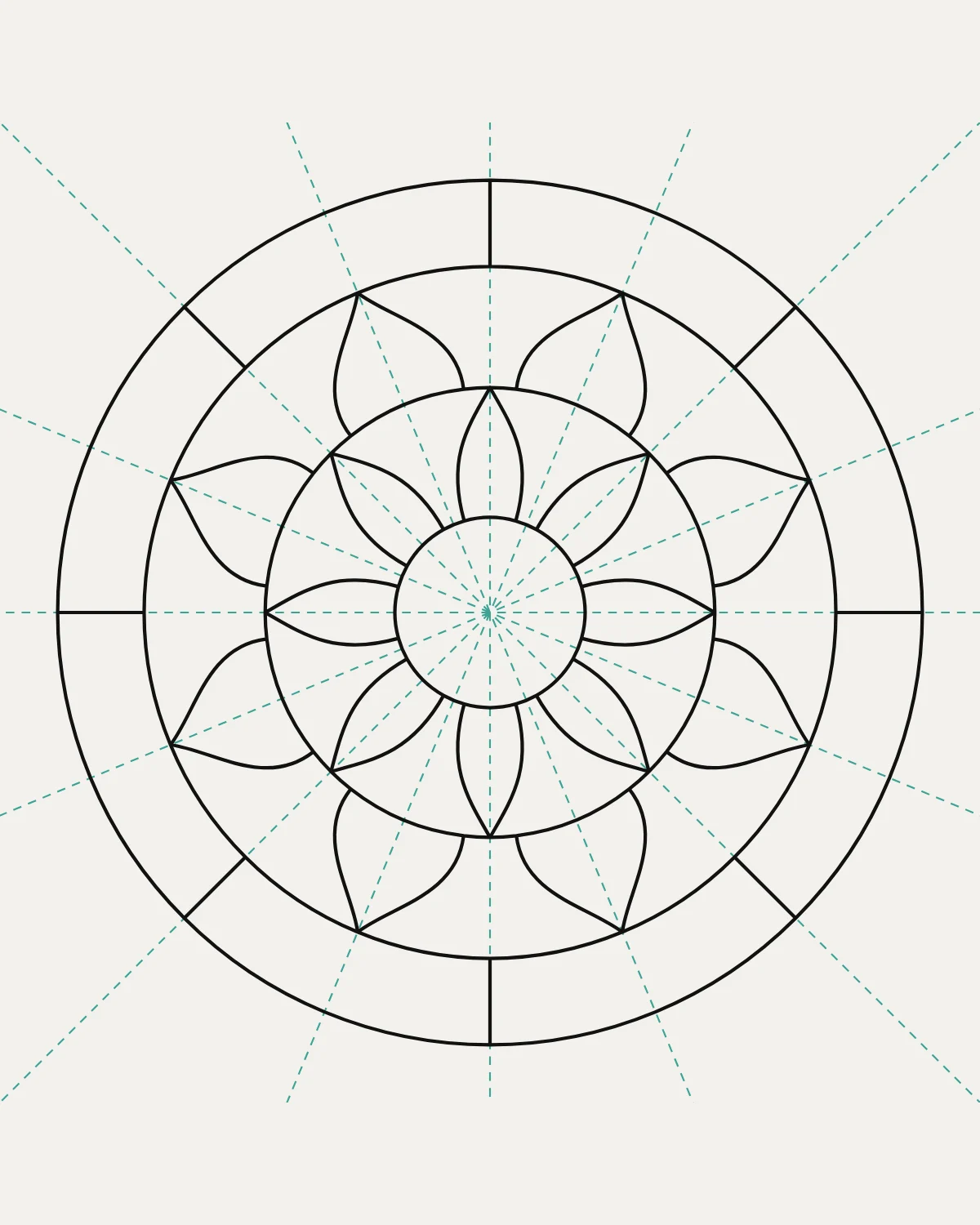 The leadwork of a mandala of sixteen petals, its mirror lines drawn through it.