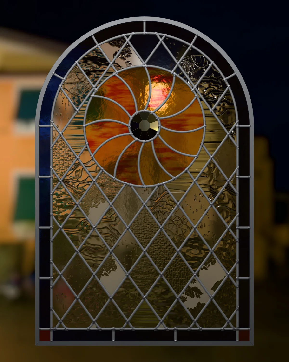The Sunwheel window at night with the lamps on: the clear quarries dark, the amber sunwheel glowing round its jewel.