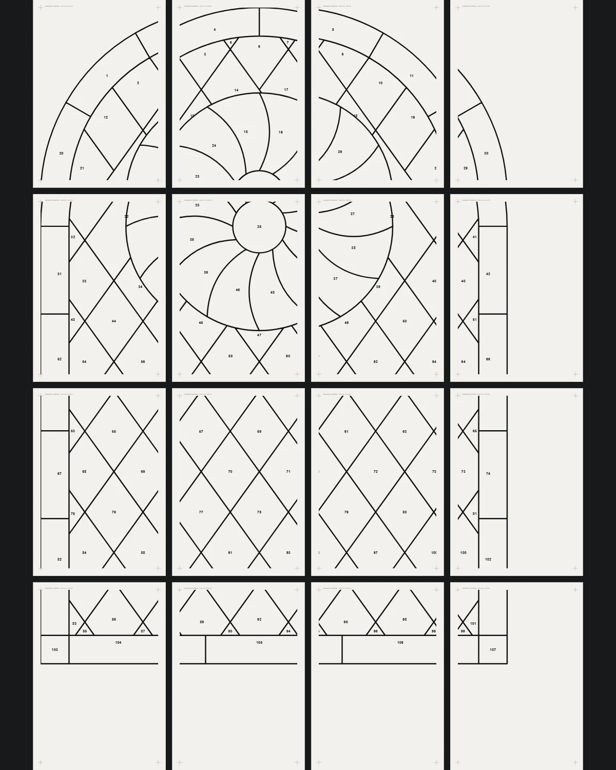 The Sunwheel window's cutting pattern at full size on sixteen pages of A4, each with its piece numbers and the marks to tape it by.