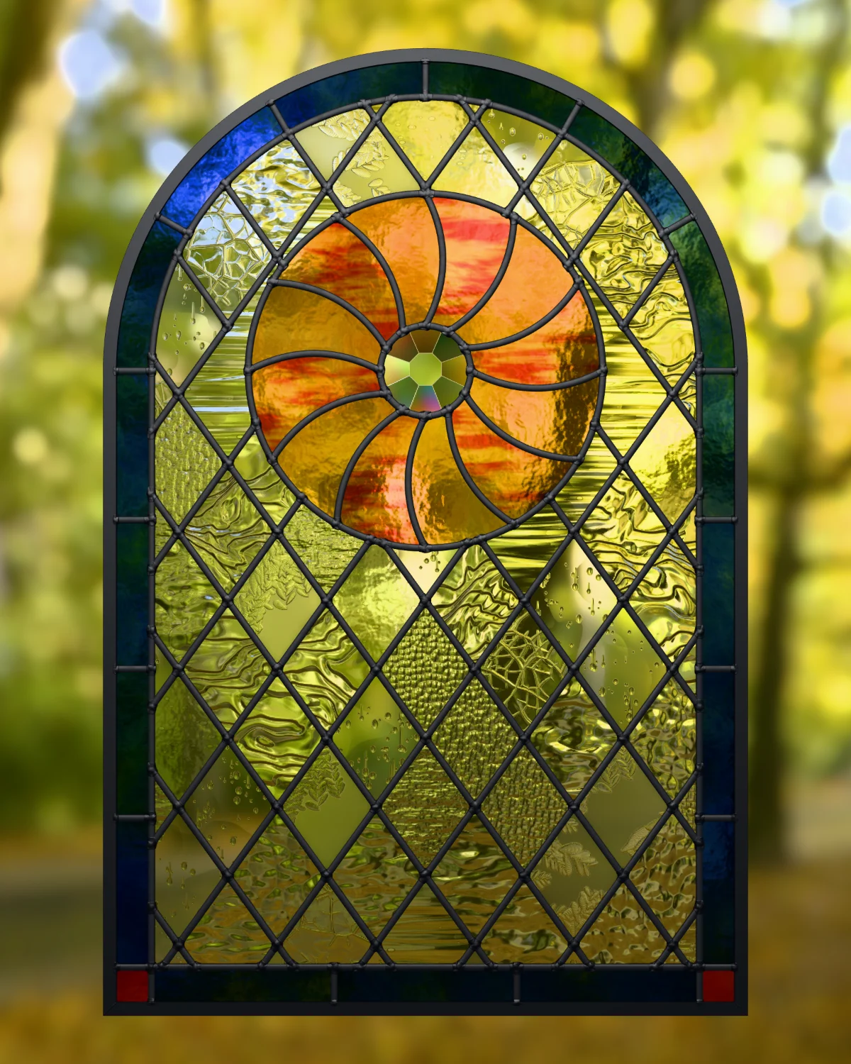 The Sunwheel window, the pattern shop's free pattern, lit by a golden evening: a cobalt border, an amber sunwheel round a pressed jewel, and clear textured quarries.