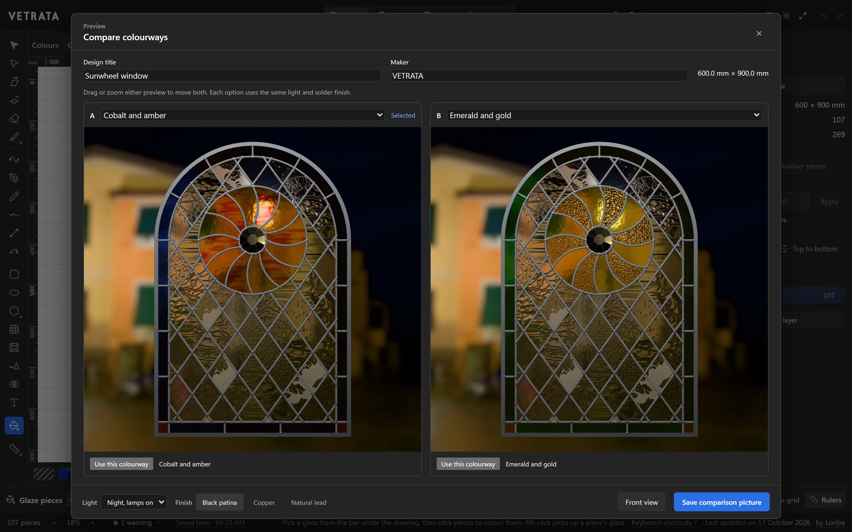 Compare colourways: the Sunwheel window in Cobalt and amber beside Emerald and gold, in the same summer garden light.