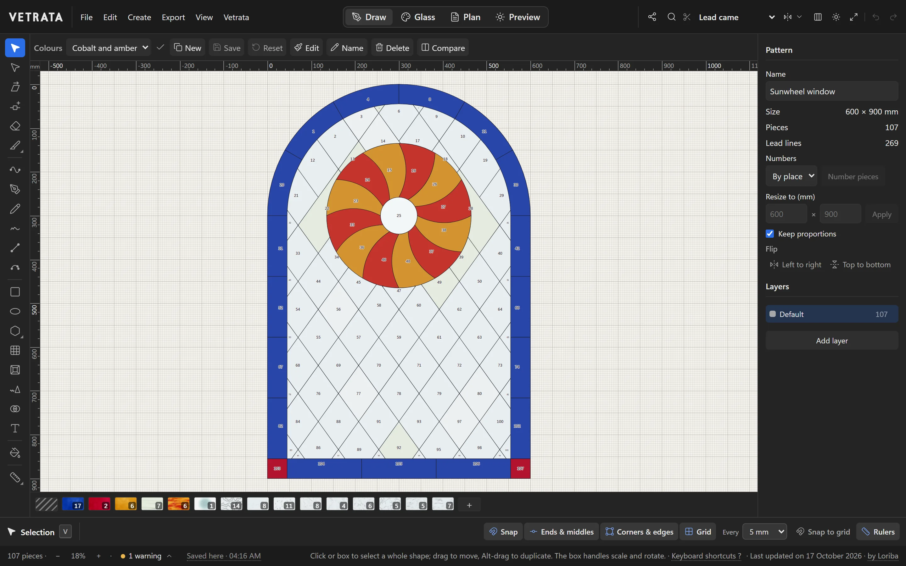 VETRATA Studio with the Sunwheel window open in the Draw tab: the tool rail down the left, the pattern in the middle, the Inspector on the right and the glass bar under the drawing.