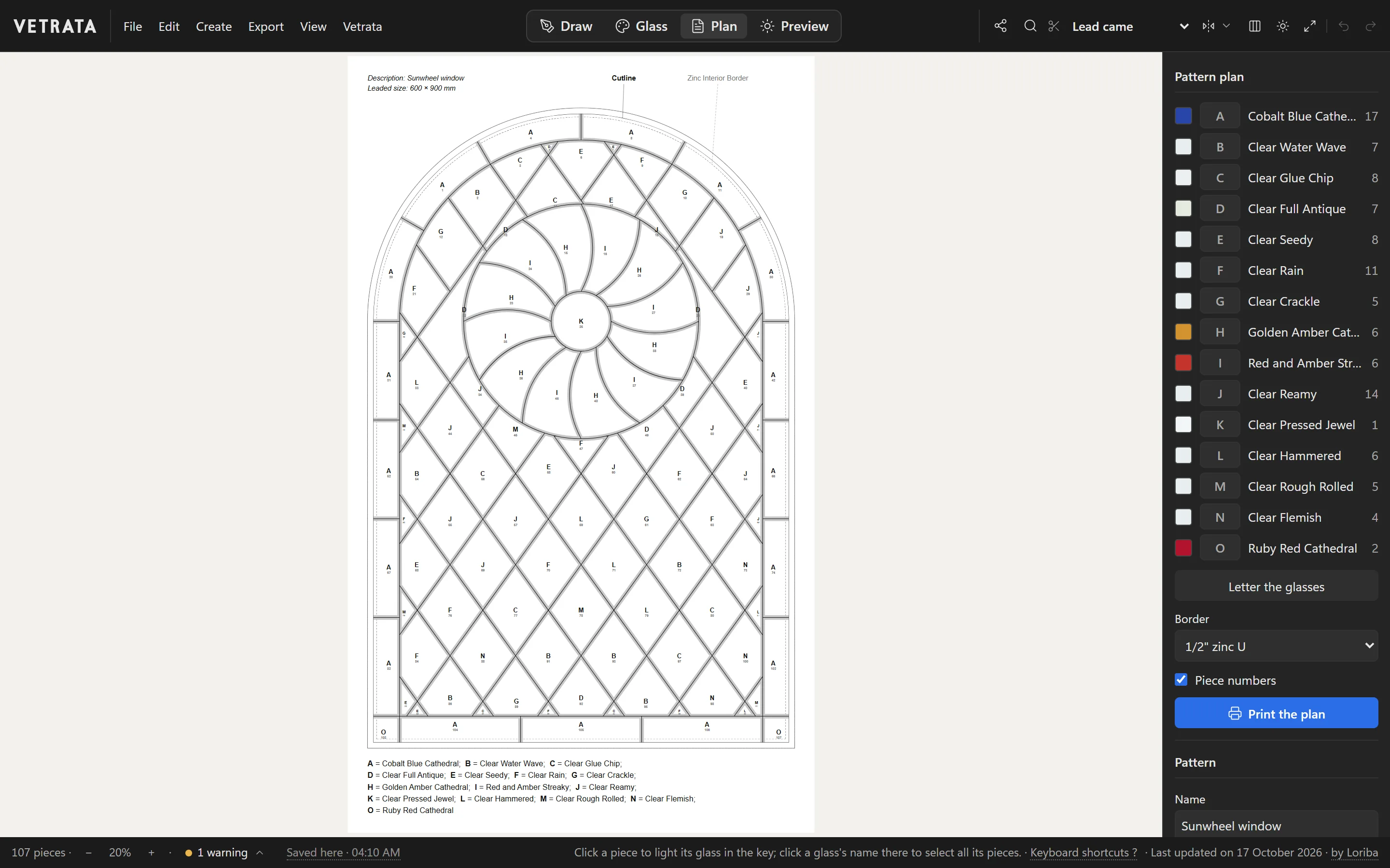 The Plan tab: the Sunwheel window as a pattern plan on paper, every piece lettered with its glass's code, and the colour key and border on the right.