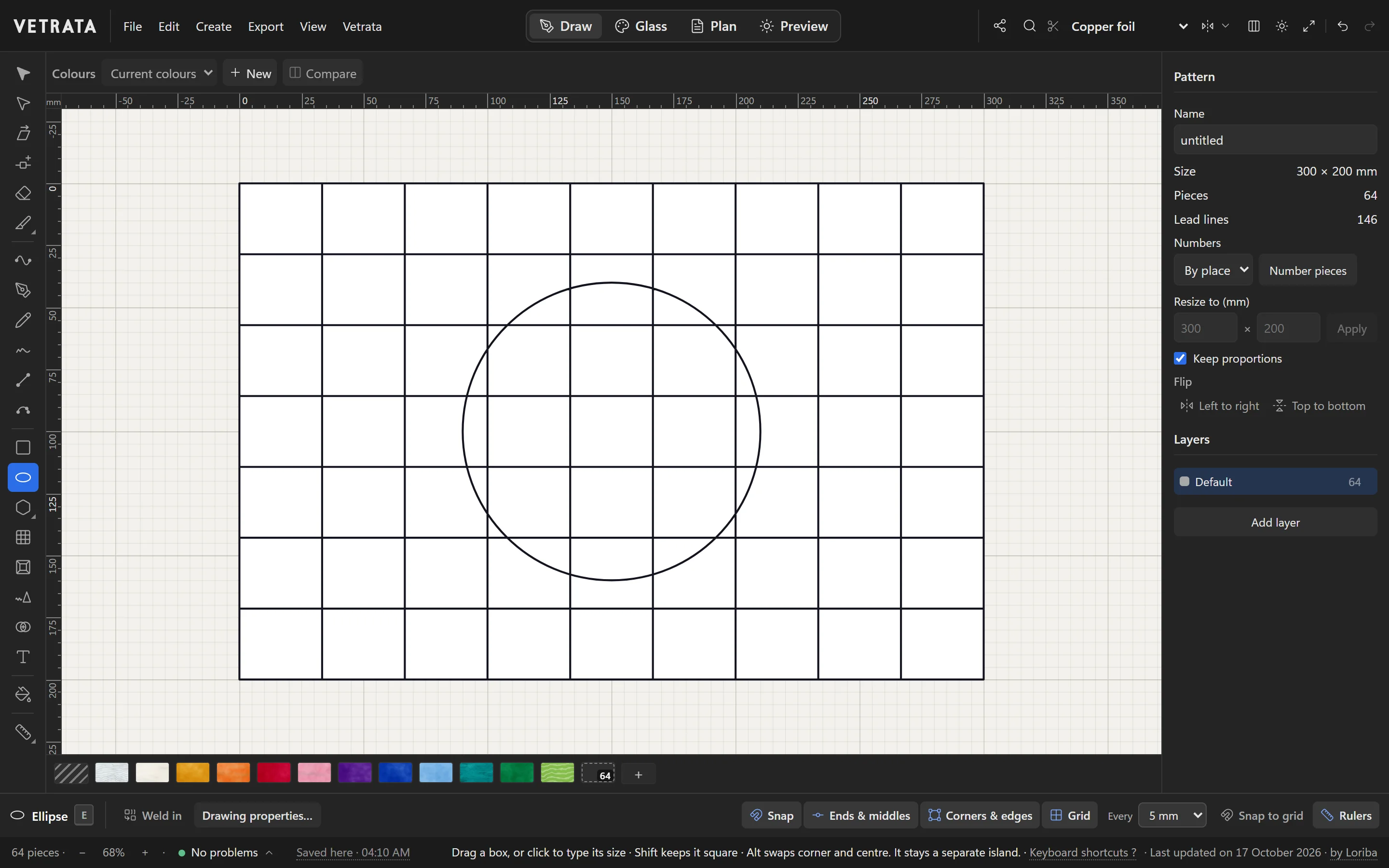 A blank panel divided into a grid of rectangular quarries by the Rectangular grid tool, with a circle drawn from its centre across the middle.
