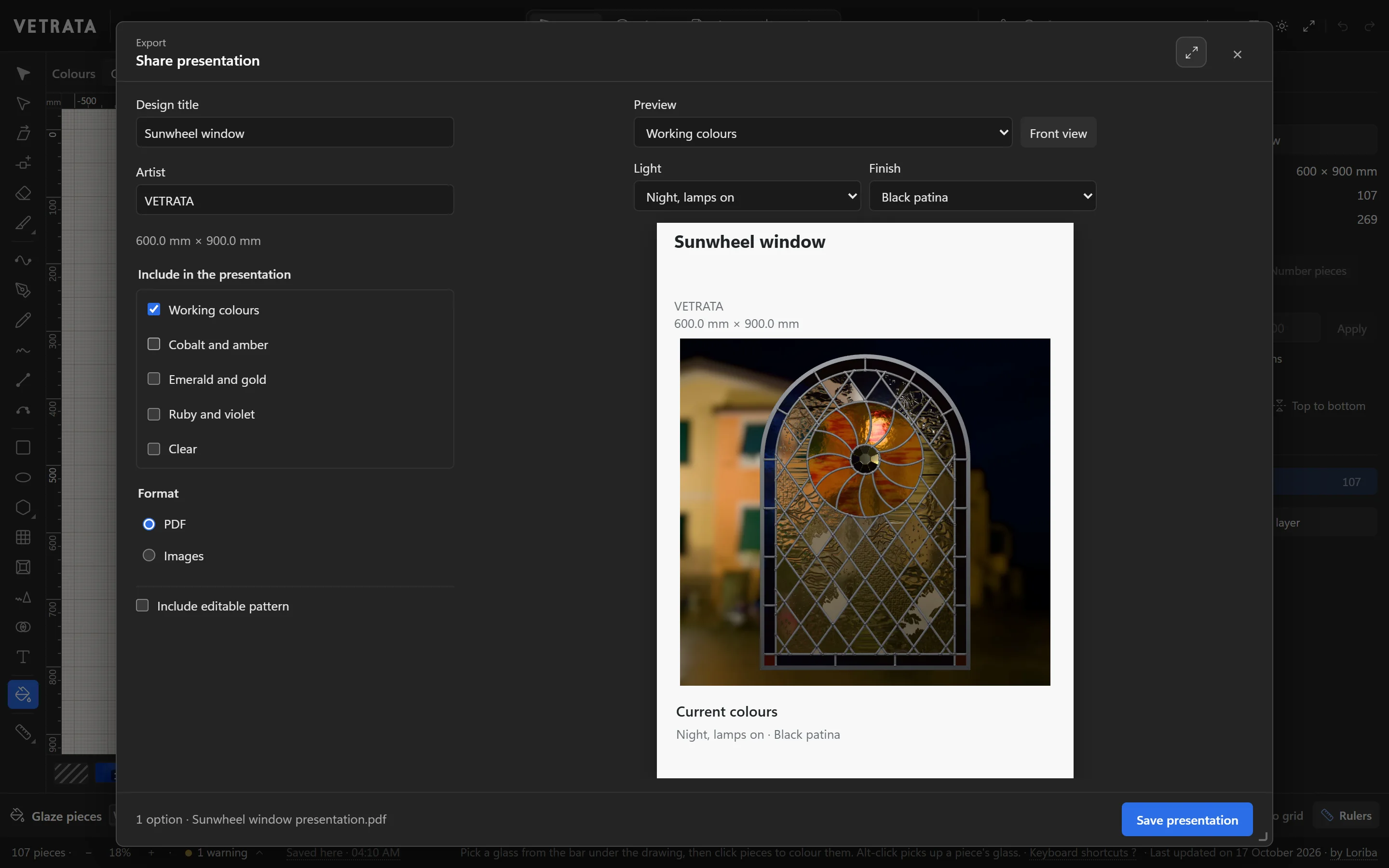 Share presentation: the design title and artist, the colourways to include, PDF or images, and a preview page with the window in light.